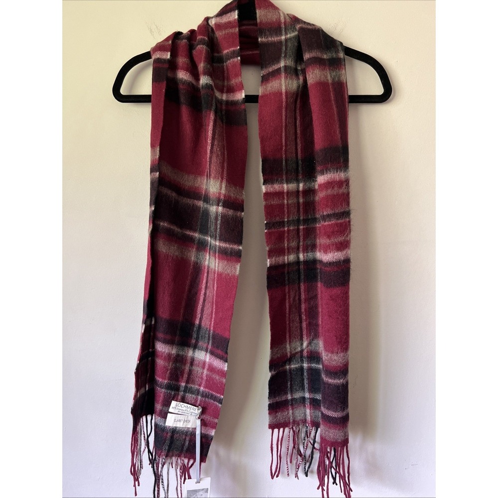 Lochmere Women's Claret Check Merino Wool Cashmere Plaid Scarf Burgundy NWT
